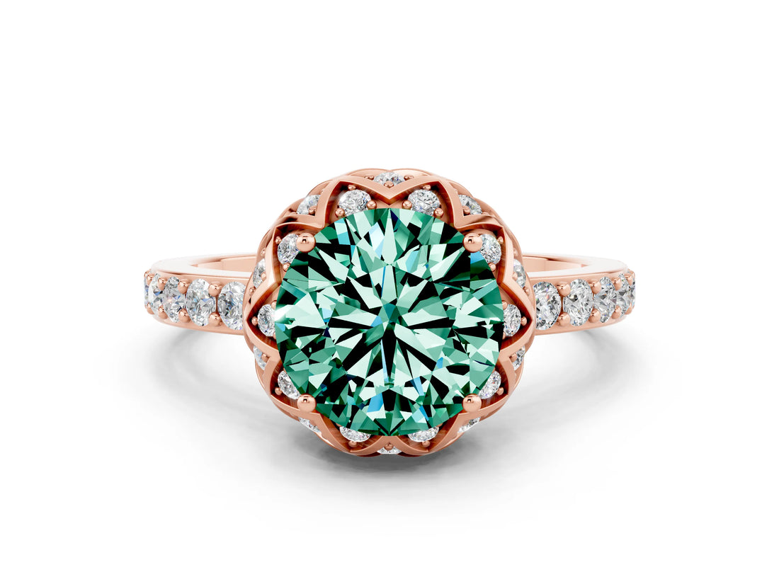 Rose gold Round Cut Green Sapphire Scalloped Halo Engagement Ring with Round Shared Prong Band_24