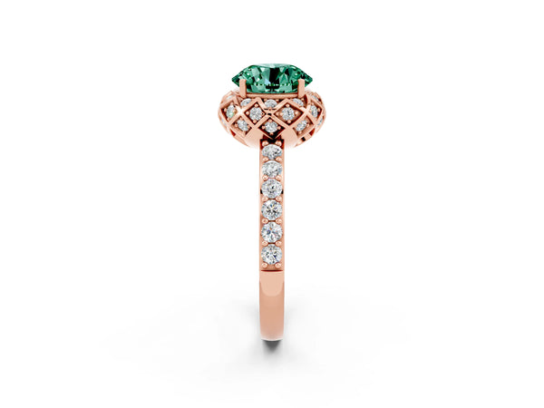 Rose gold Round Cut Green Sapphire Scalloped Halo Engagement Ring with Round Shared Prong Band