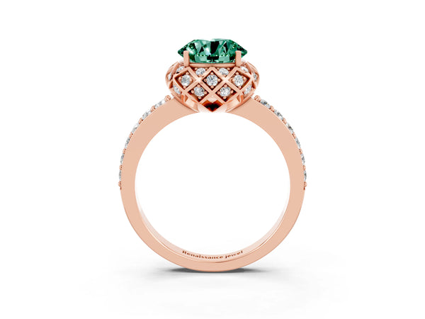 Rose gold Round Cut Green Sapphire Scalloped Halo Engagement Ring with Round Shared Prong Band