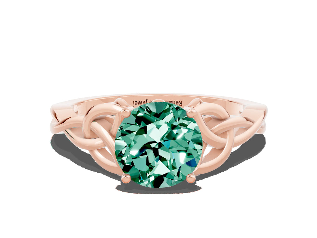 Rose gold Round Cut Green Sapphire Solitaire Celtic Knot Ring with Four-Prong Setting_12