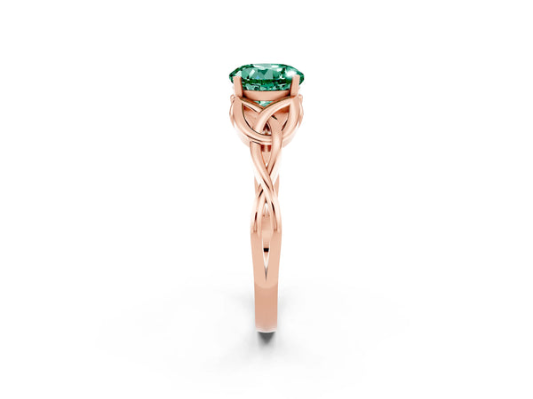 Rose gold Round Cut Green Sapphire Solitaire Celtic Knot Ring with Four-Prong Setting
