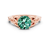 Rose gold Round Cut Green Sapphire Solitaire Engagement Ring with Celtic Knot Band and Four-Prong Setting
