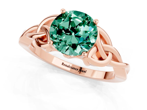 Rose gold Round Cut Green Sapphire Solitaire Engagement Ring with Celtic Knot Band and Four-Prong Setting