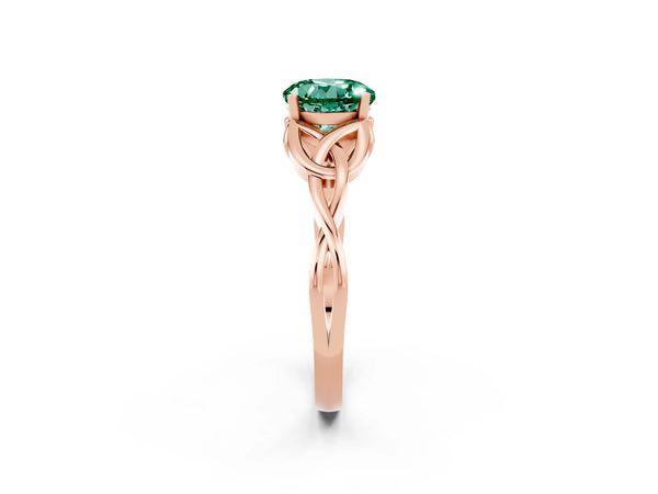 Rose gold Round Cut Green Sapphire Solitaire Engagement Ring with Celtic Knot Band and Four-Prong Setting