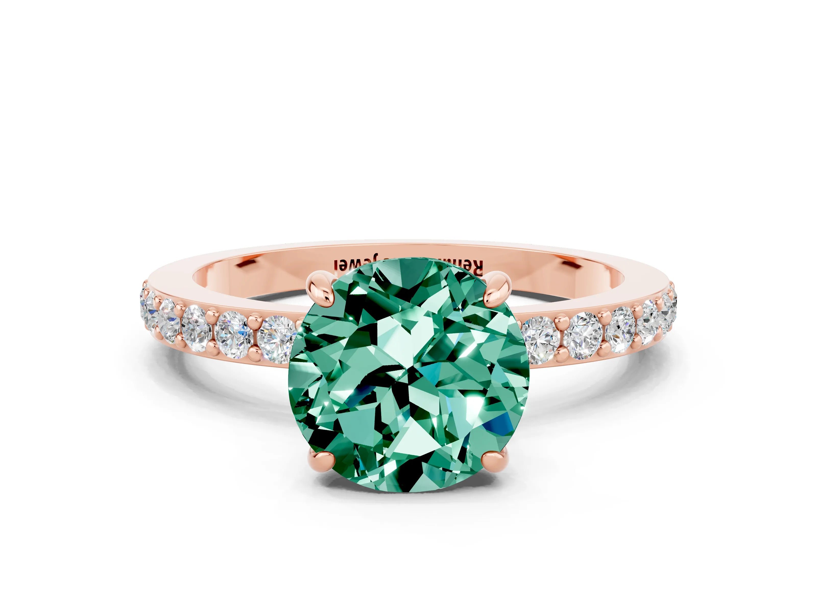 Rose gold Round Cut Green Sapphire Solitaire Engagement Ring with Pavé Band and Four-Prong Setting