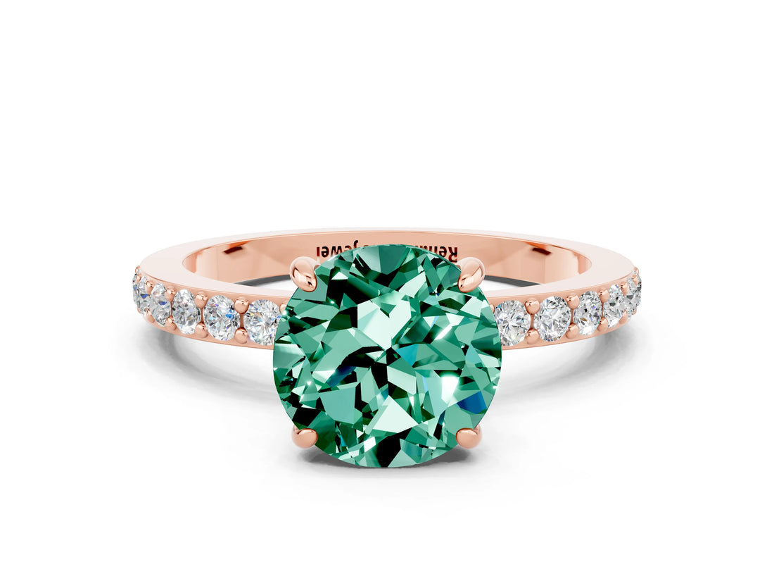 Rose gold Round Cut Green Sapphire Solitaire Engagement Ring with Pavé Band and Four-Prong Setting