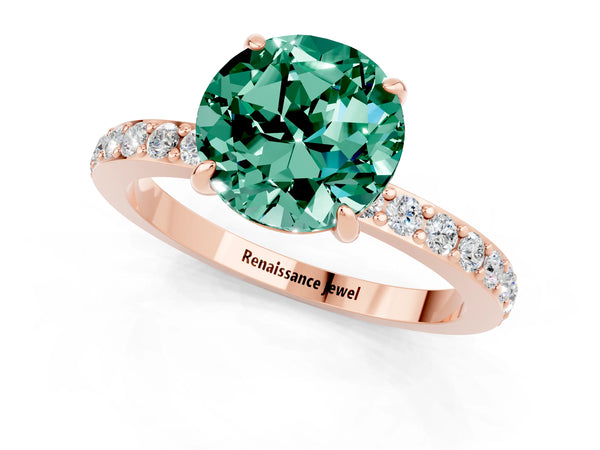 Rose gold Round Cut Green Sapphire Solitaire Engagement Ring with Pavé Band and Four-Prong Setting