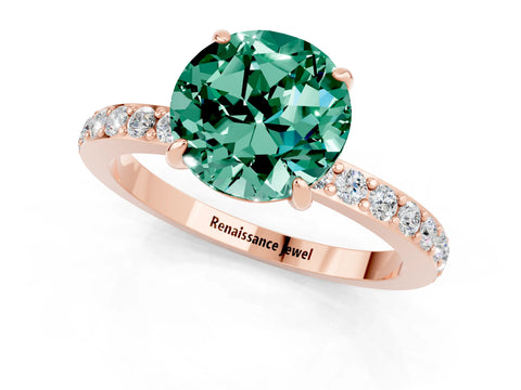 Rose gold Round Cut Green Sapphire Solitaire Engagement Ring with Pavé Band and Four-Prong Setting_1