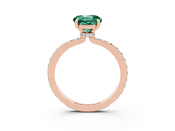 Rose gold Round Cut Green Sapphire Solitaire Engagement Ring with Pavé Band and Four-Prong Setting