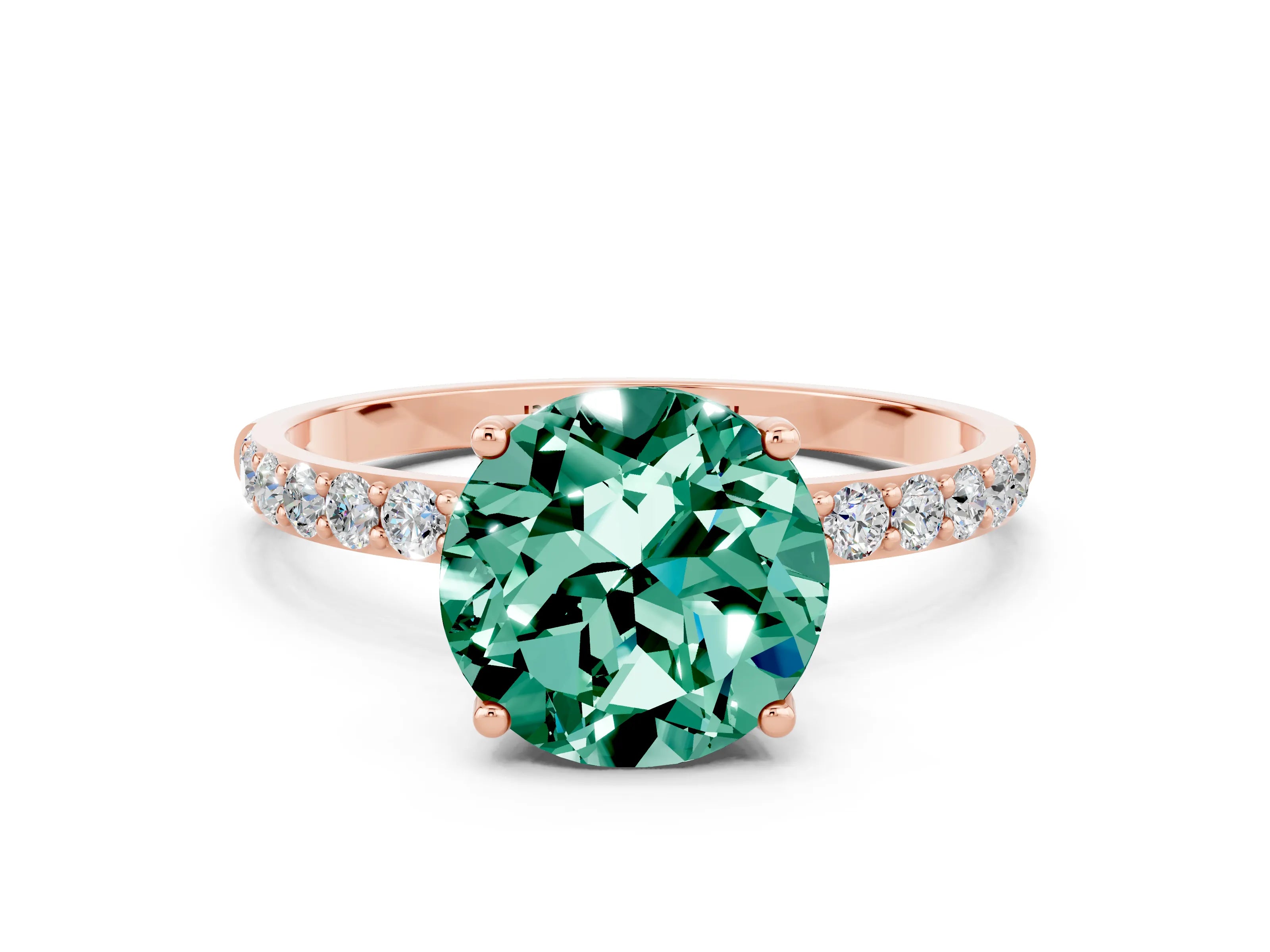 Rose gold Round Cut Green Sapphire Solitaire Engagement Ring with Pavé Band and Prong Setting