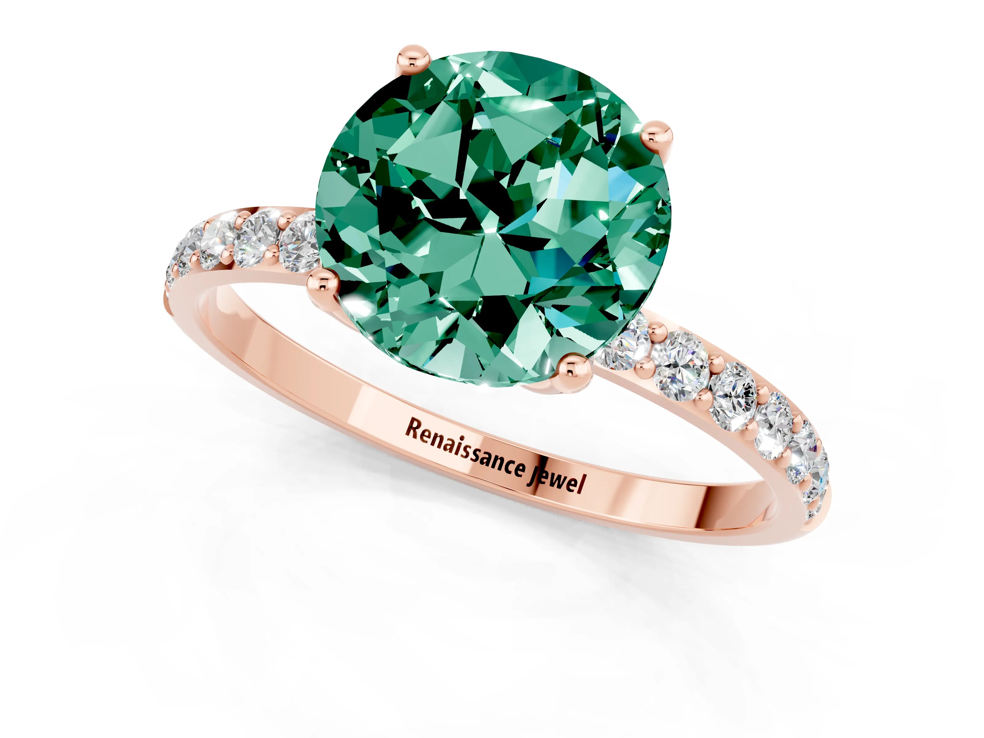 Rose gold Round Cut Green Sapphire Solitaire Engagement Ring with Pavé Band and Prong Setting_1