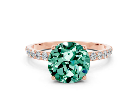 Rose gold Round Cut Green Sapphire Solitaire Engagement Ring with Pavé Band and Prong Setting