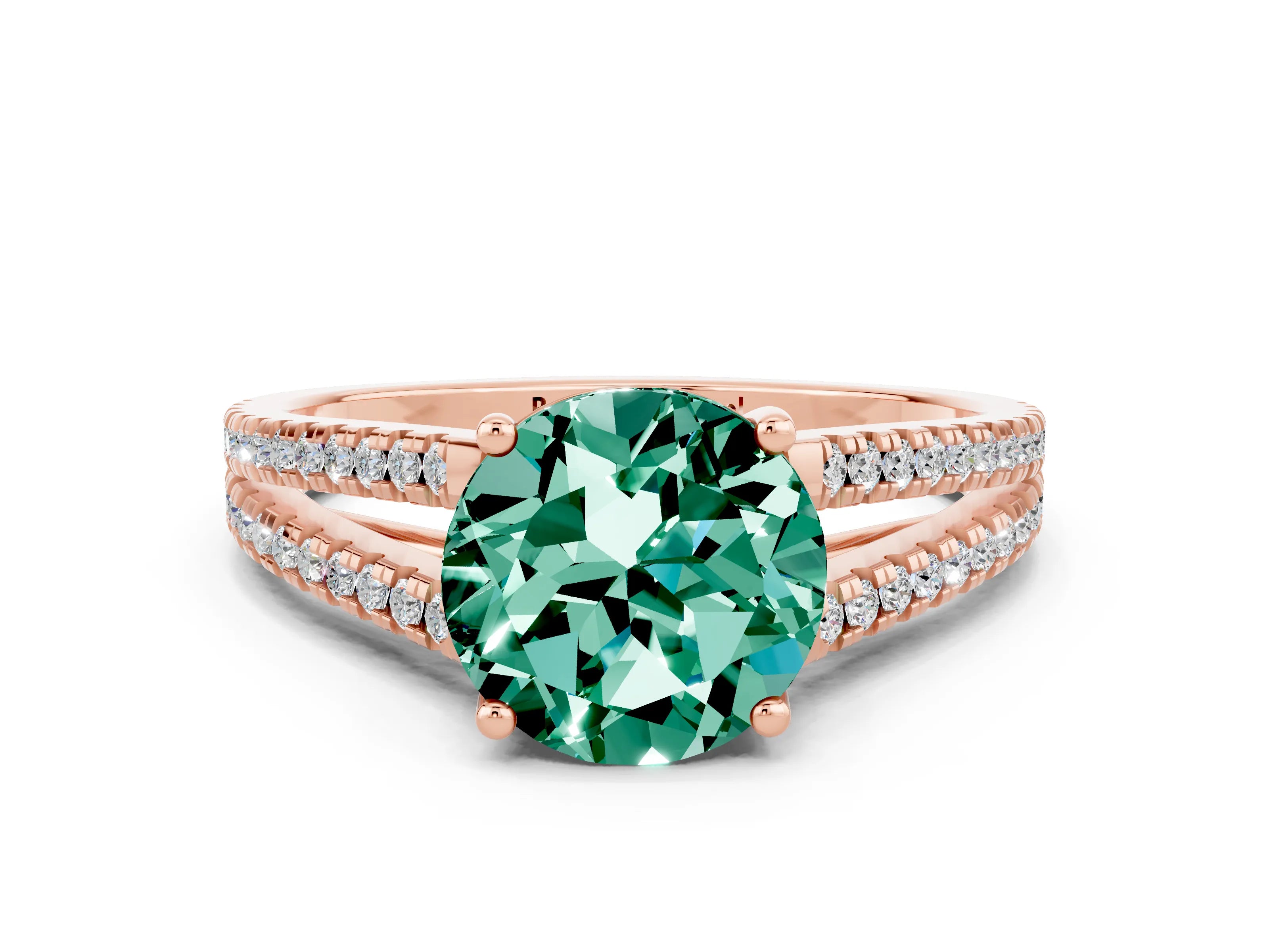 Rose gold Round Cut Green Sapphire Solitaire Engagement Ring with Split Shank Pavé Band