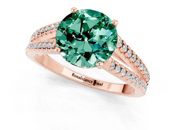 Rose gold Round Cut Green Sapphire Solitaire Engagement Ring with Split Shank Pavé Band