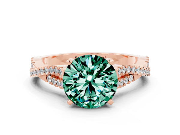 Rose gold Round Cut Green Sapphire Solitaire Engagement Ring with Twisted Pavé Band and Four-Prong Setting