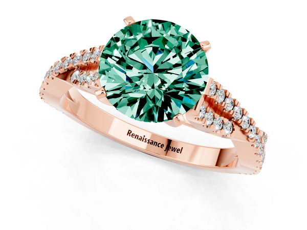 Rose gold Round Cut Green Sapphire Solitaire Engagement Ring with Twisted Pavé Band and Four-Prong Setting