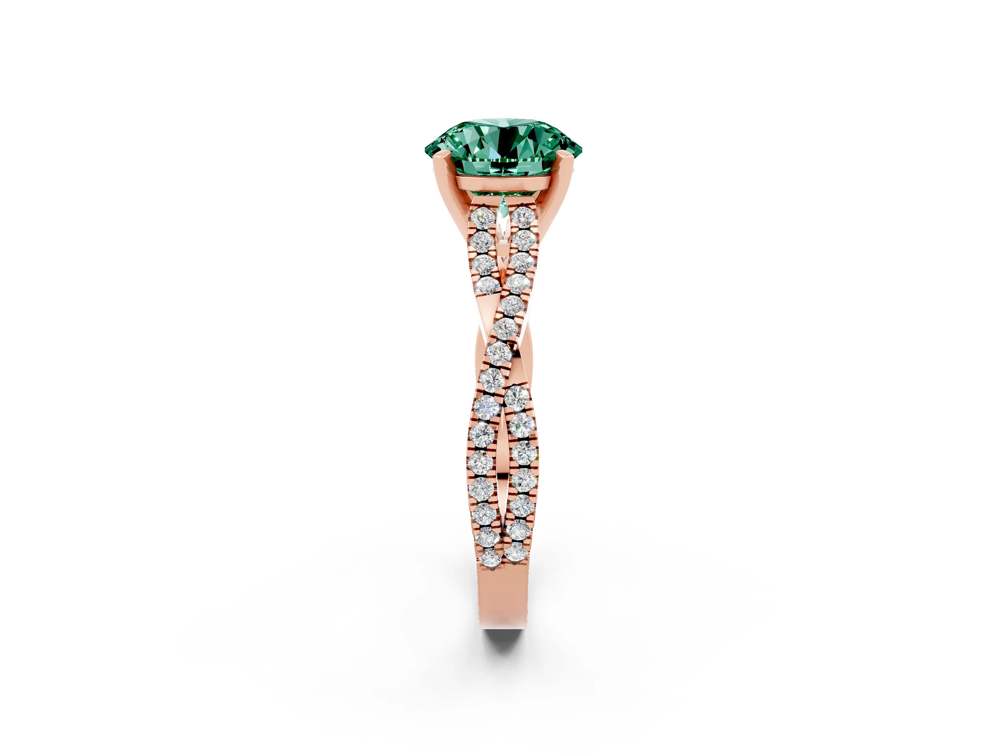 Rose gold Round Cut Green Sapphire Solitaire Engagement Ring with Twisted Pavé Band and Four-Prong Setting_14