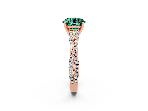 Rose gold Round Cut Green Sapphire Solitaire Engagement Ring with Twisted Pavé Band and Four-Prong Setting