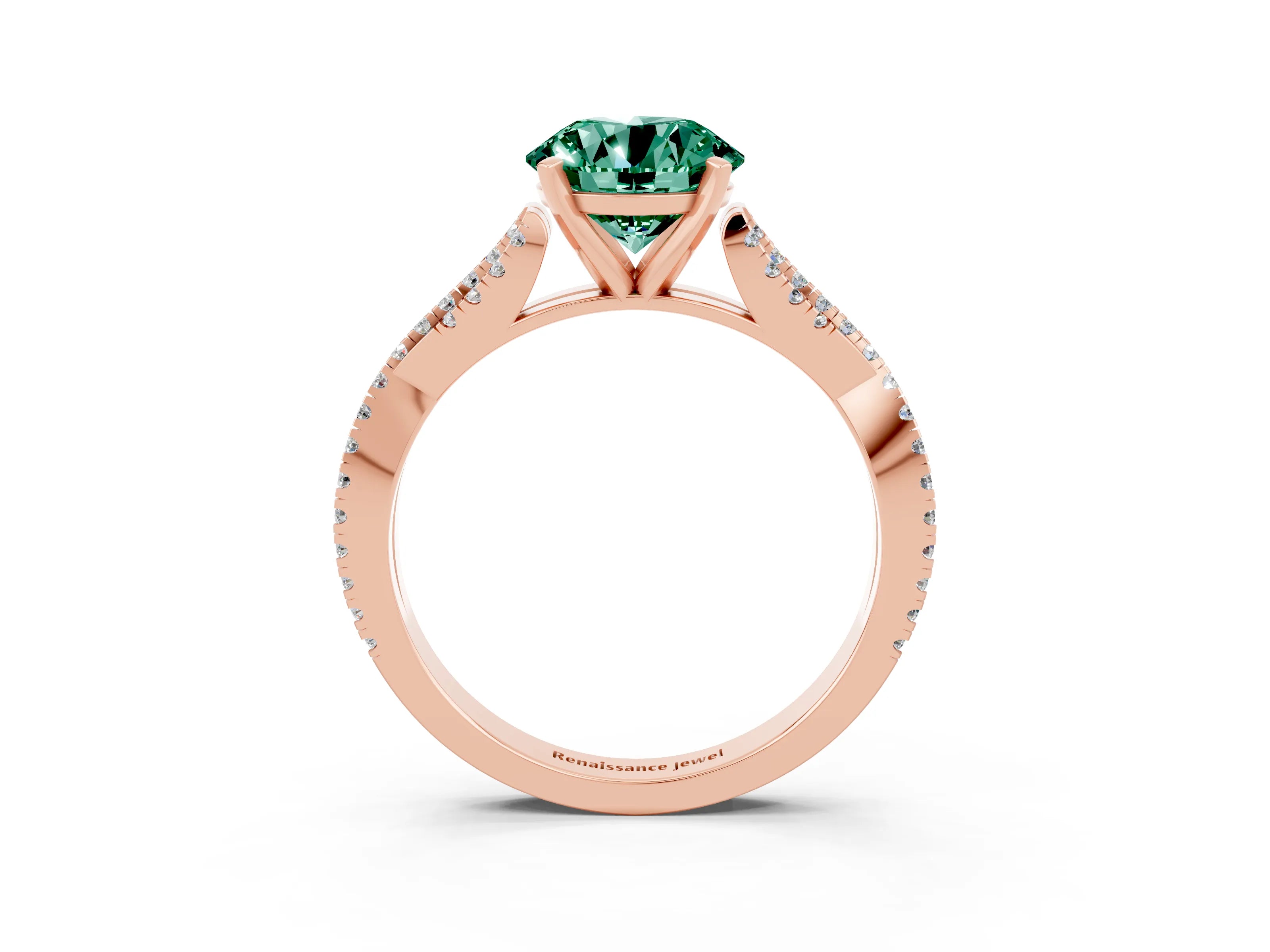 Rose gold Round Cut Green Sapphire Solitaire Engagement Ring with Twisted Pavé Band and Four-Prong Setting_15