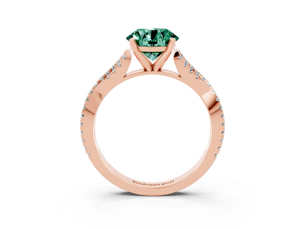 Rose gold Round Cut Green Sapphire Solitaire Engagement Ring with Twisted Pavé Band and Four-Prong Setting
