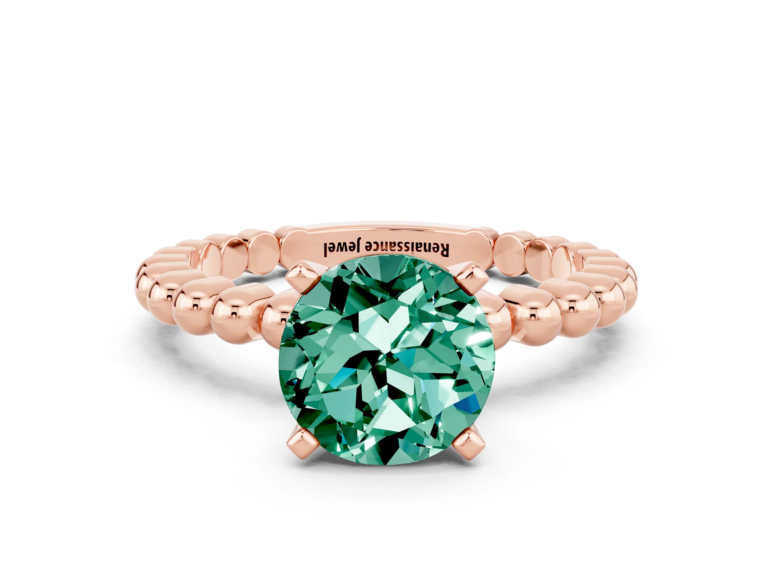 Rose gold Round Cut Green Sapphire Solitaire Ring with Beaded Band and Prong Setting
