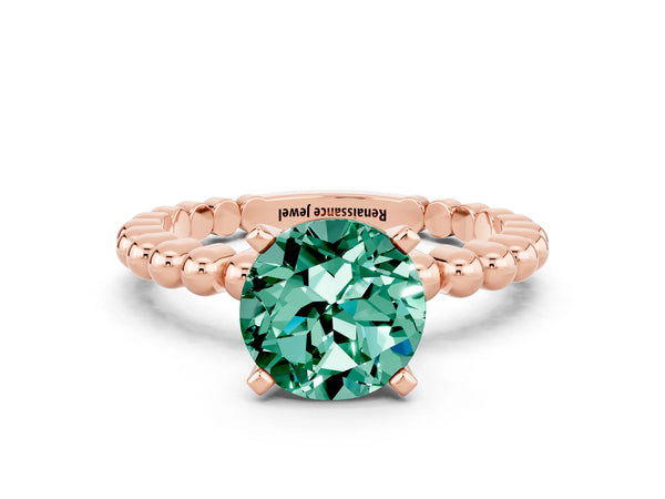 Rose gold Round Cut Green Sapphire Solitaire Ring with Beaded Band and Prong Setting