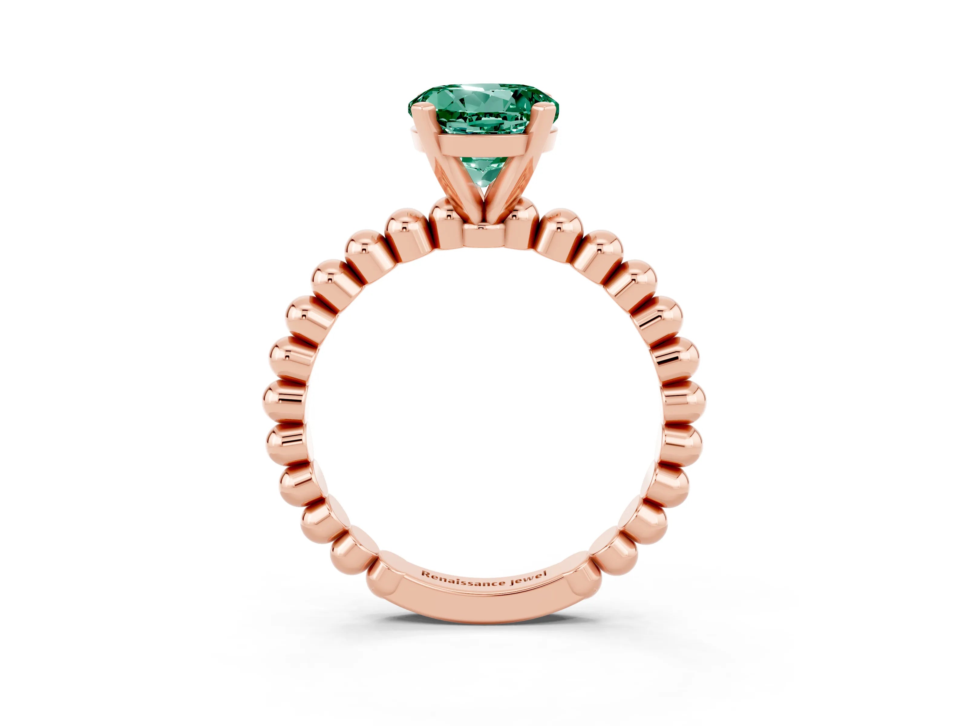 Rose gold Round Cut Green Sapphire Solitaire Ring with Beaded Band and Prong Setting_3