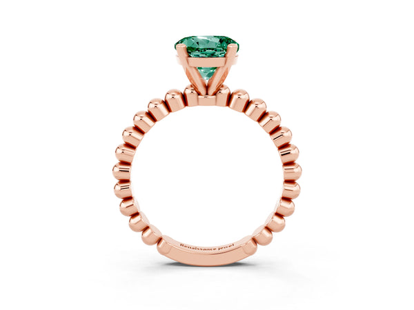 Rose gold Round Cut Green Sapphire Solitaire Ring with Beaded Band and Prong Setting