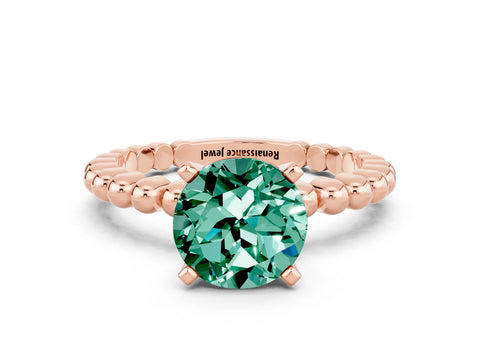 Rose gold Round Cut Green Sapphire Solitaire Ring with Beaded Band and Prong Setting