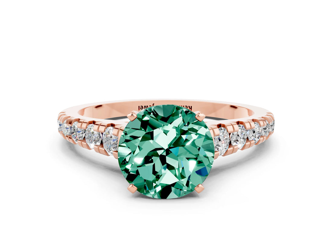 Rose gold Round Cut Green Sapphire Solitaire Ring with Cathedral Setting and Pavé Band