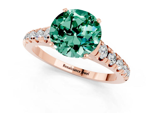 Rose gold Round Cut Green Sapphire Solitaire Ring with Cathedral Setting and Pavé Band_1