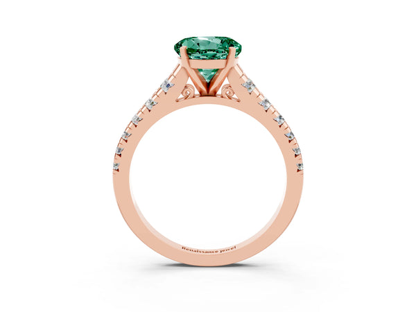 Rose gold Round Cut Green Sapphire Cathedral Solitaire Ring with Round  Pavé Band