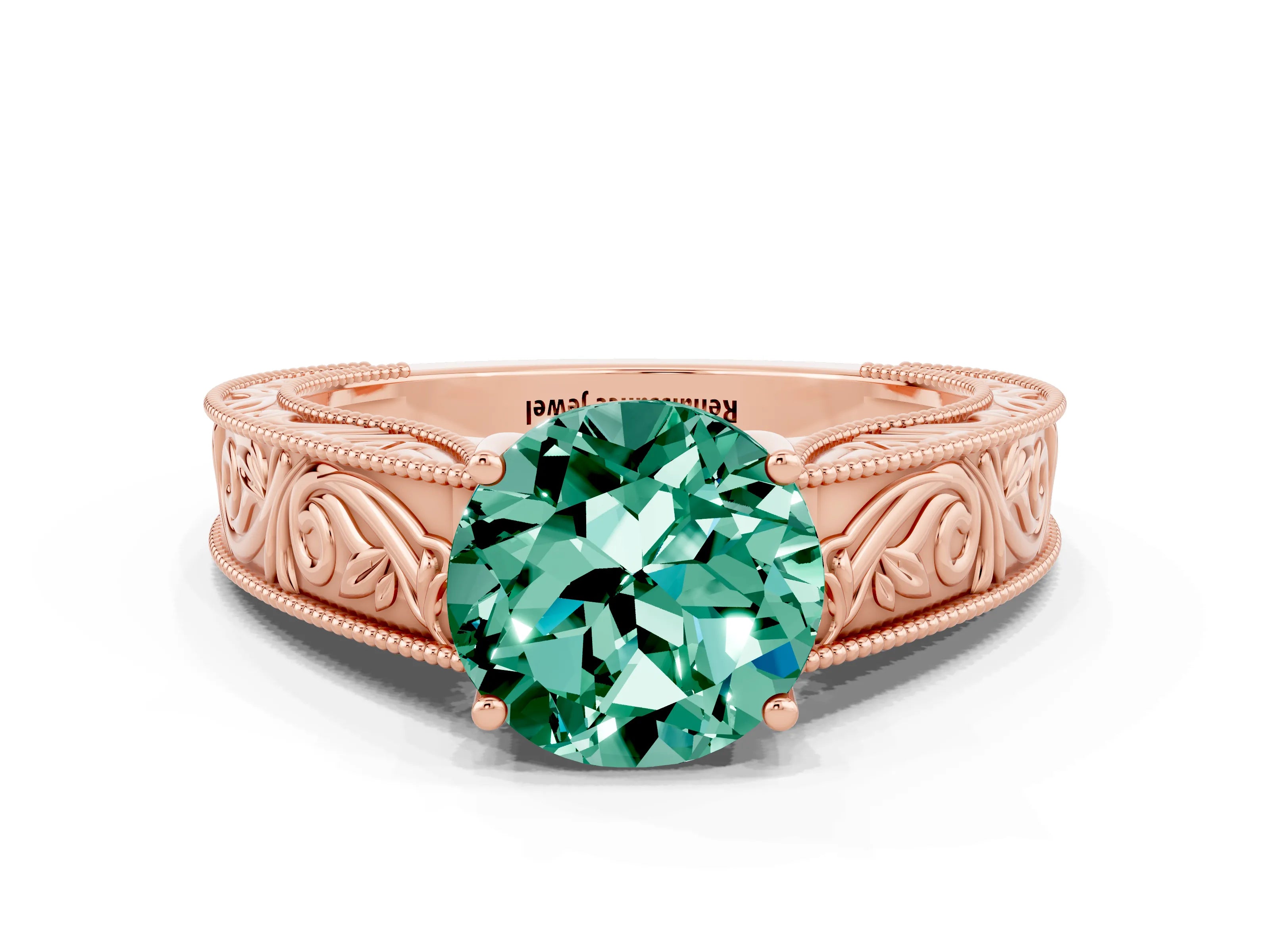 Rose gold Round Cut Green Sapphire Solitaire Ring with Engraved Band and Four-Prong Setting