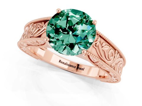 Rose gold Round Cut Green Sapphire Solitaire Ring with Engraved Band and Four-Prong Setting_1