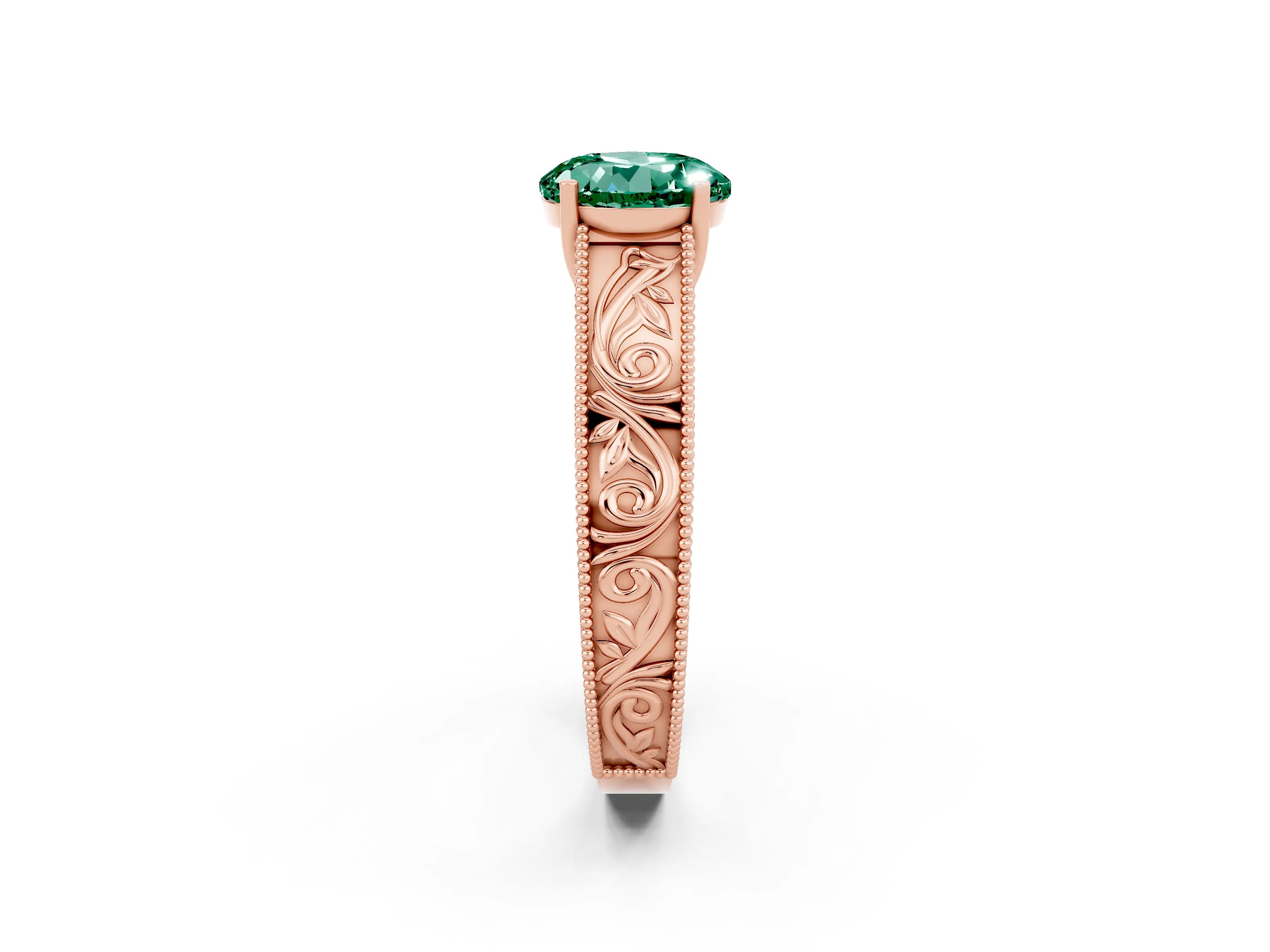 Rose gold Round Cut Green Sapphire Solitaire Ring with Engraved Band and Four-Prong Setting_2