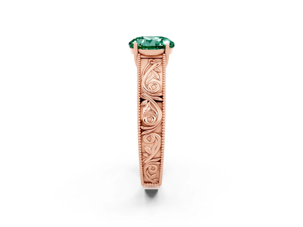 Rose gold Round Cut Green Sapphire Solitaire Ring with Engraved Band and Four-Prong Setting