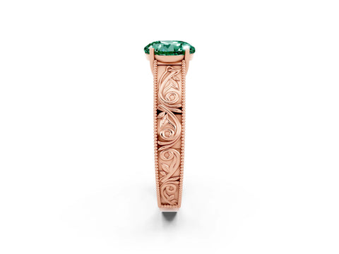 Rose gold Round Cut Green Sapphire Solitaire Ring with Engraved Band and Four-Prong Setting_2