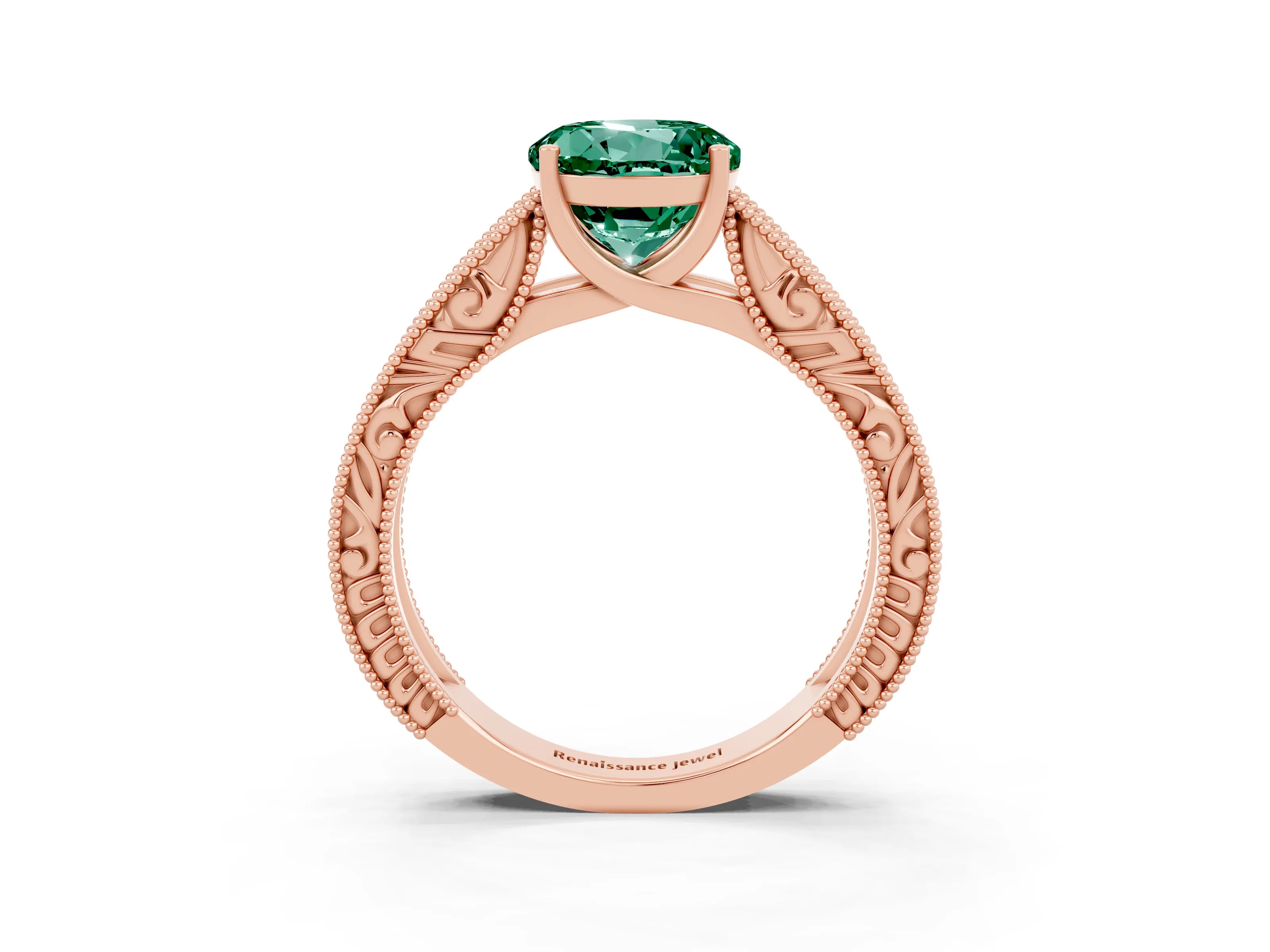 Rose gold Round Cut Green Sapphire Solitaire Ring with Engraved Band and Four-Prong Setting_3