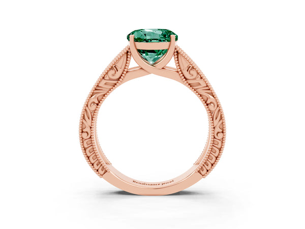 Rose gold Round Cut Green Sapphire Solitaire Ring with Engraved Band and Four-Prong Setting