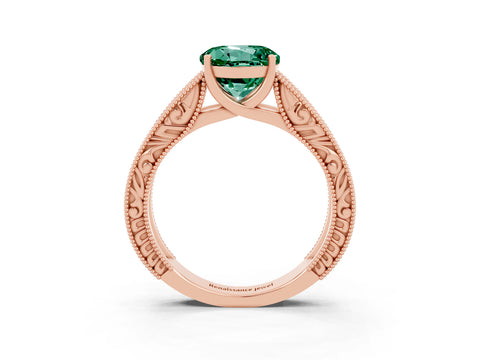 Rose gold Round Cut Green Sapphire Solitaire Ring with Engraved Band and Four-Prong Setting_3
