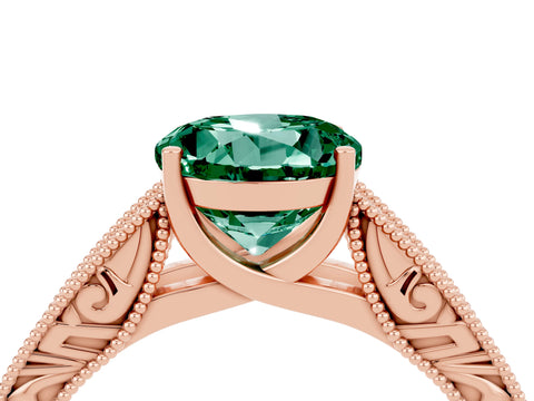 Rose gold Round Cut Green Sapphire Solitaire Ring with Engraved Band and Four-Prong Setting_4