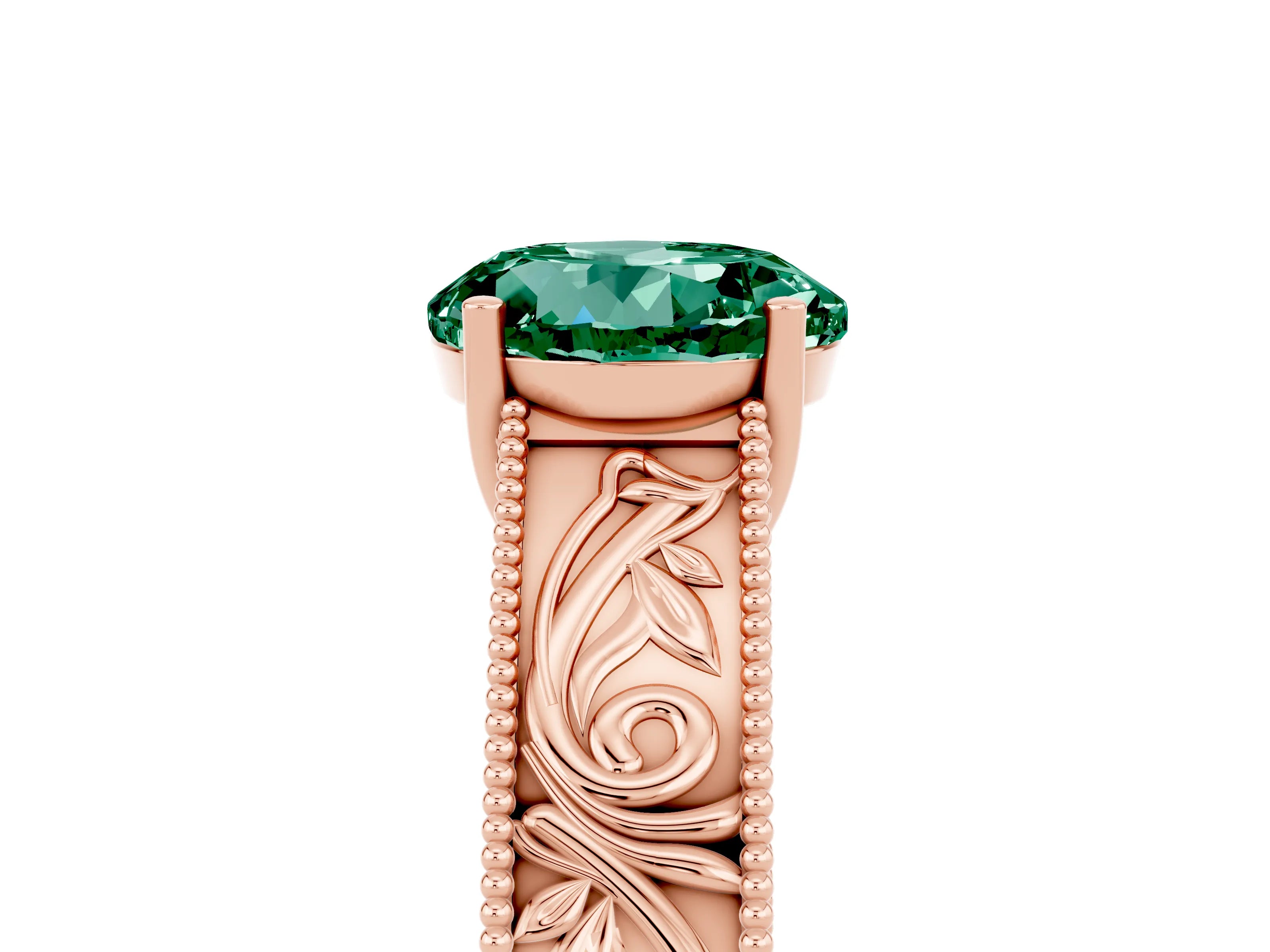 Rose gold Round Cut Green Sapphire Solitaire Ring with Engraved Band and Four-Prong Setting_5
