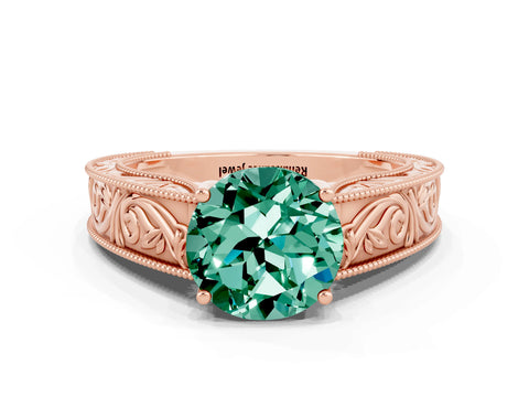Rose gold Round Cut Green Sapphire Solitaire Ring with Engraved Band and Four-Prong Setting