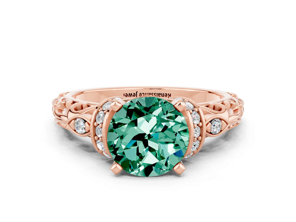 Rose gold Round Cut Green Sapphire Solitaire Ring with Filigree Band and Four-Prong Setting