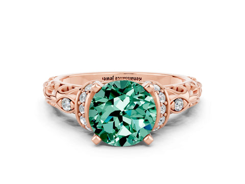 Rose gold Round Cut Green Sapphire Solitaire Ring with Filigree Band and Four-Prong Setting_24