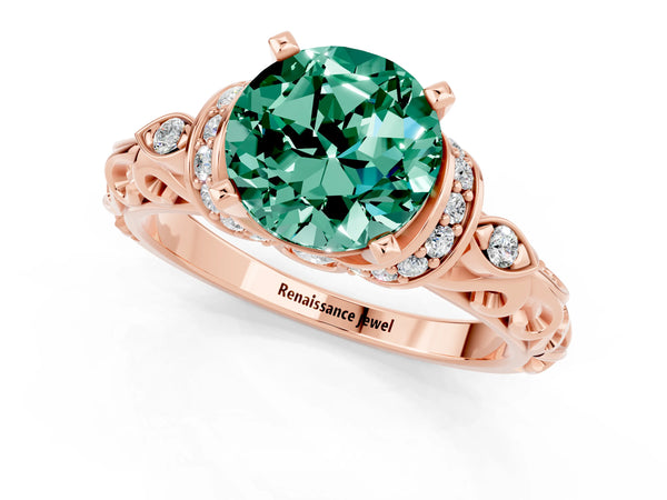 Rose gold Round Cut Green Sapphire Solitaire Ring with Filigree Band and Four-Prong Setting