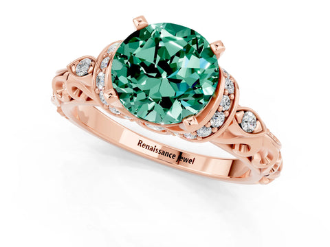 Rose gold Round Cut Green Sapphire Solitaire Ring with Filigree Band and Four-Prong Setting_25