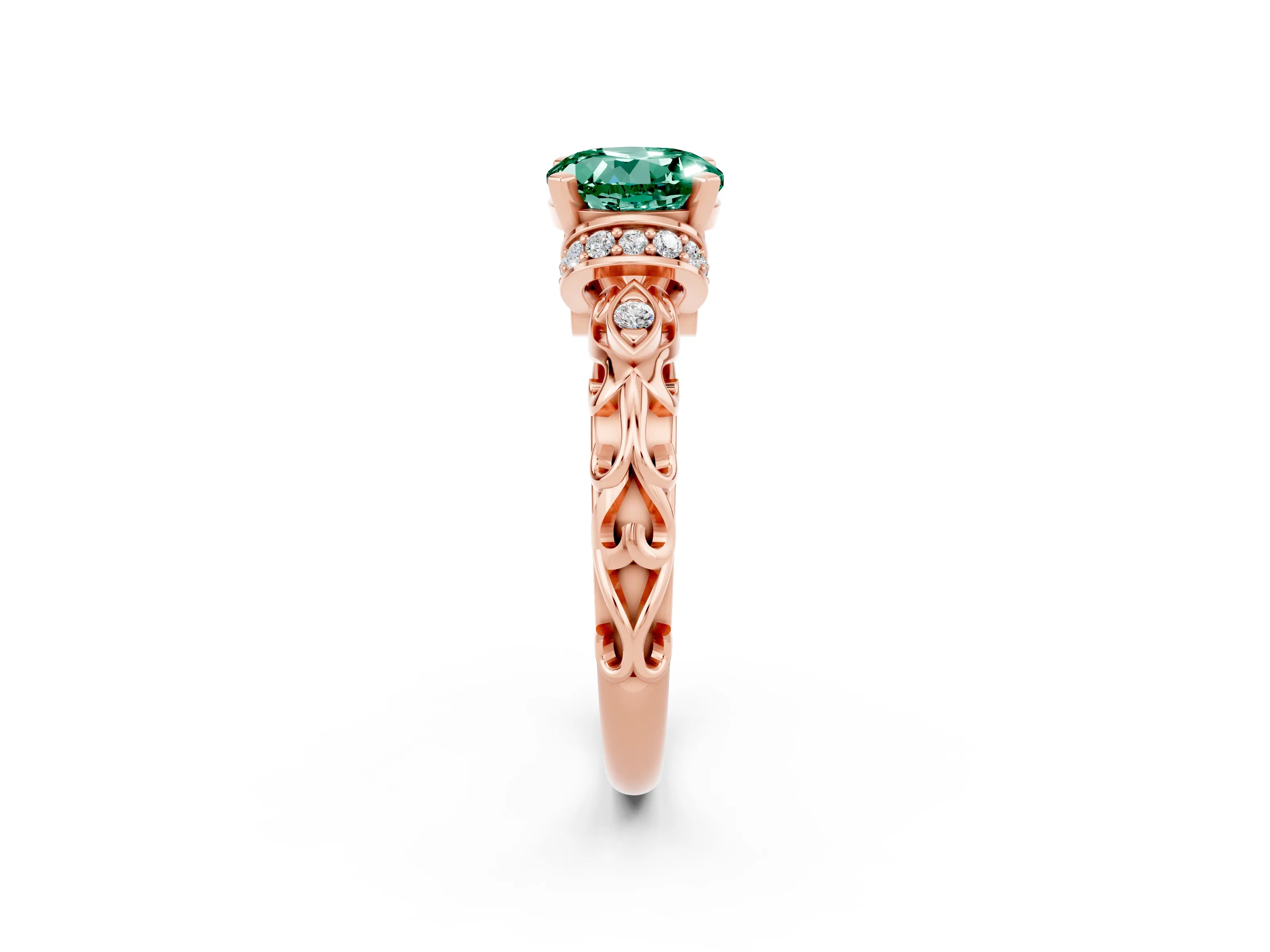 Rose gold Round Cut Green Sapphire Solitaire Ring with Filigree Band and Four-Prong Setting_26