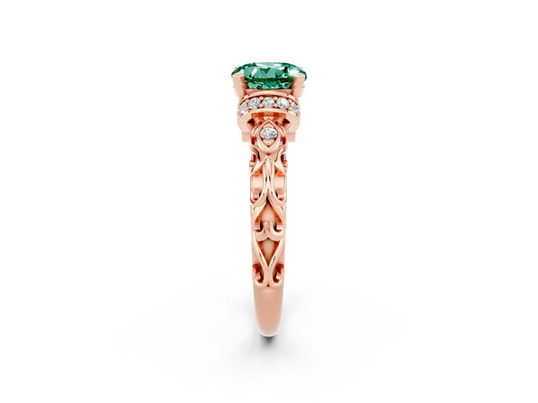 Rose gold Round Cut Green Sapphire Solitaire Ring with Filigree Band and Four-Prong Setting
