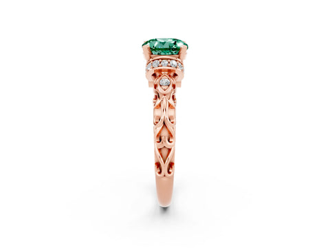 Rose gold Round Cut Green Sapphire Solitaire Ring with Filigree Band and Four-Prong Setting_26